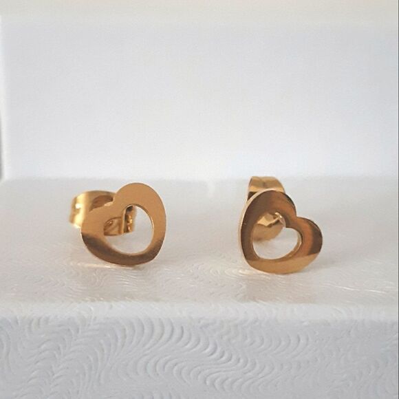 Gold Small Dainty Heart Hollow Cut Out Stud Stainless Steel Earrings - Picture 1 of 7